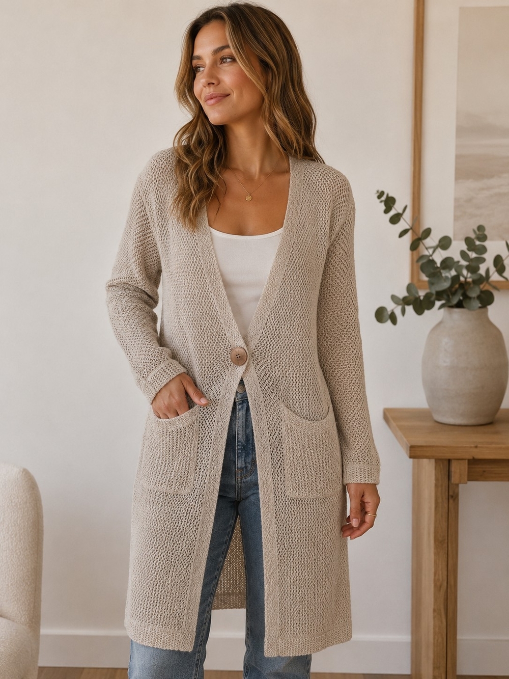 Signature Weekend Beige Open Knit Longline Cardigan Sweater | Button SM